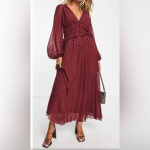 ASOS DESIGN Pleated Long Sleeve Clip Dot Chiffon Dress in Burgundy